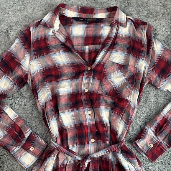 Gap Pendleton Plaid Shirtdress Size Medium Red Long Sleeve Belted Pocket Holiday - Picture 2 of 5
